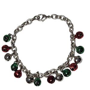 Holiday Jingle Bell Charm Bracelet Christmas Jewelry Red Green Silver Tone Chain